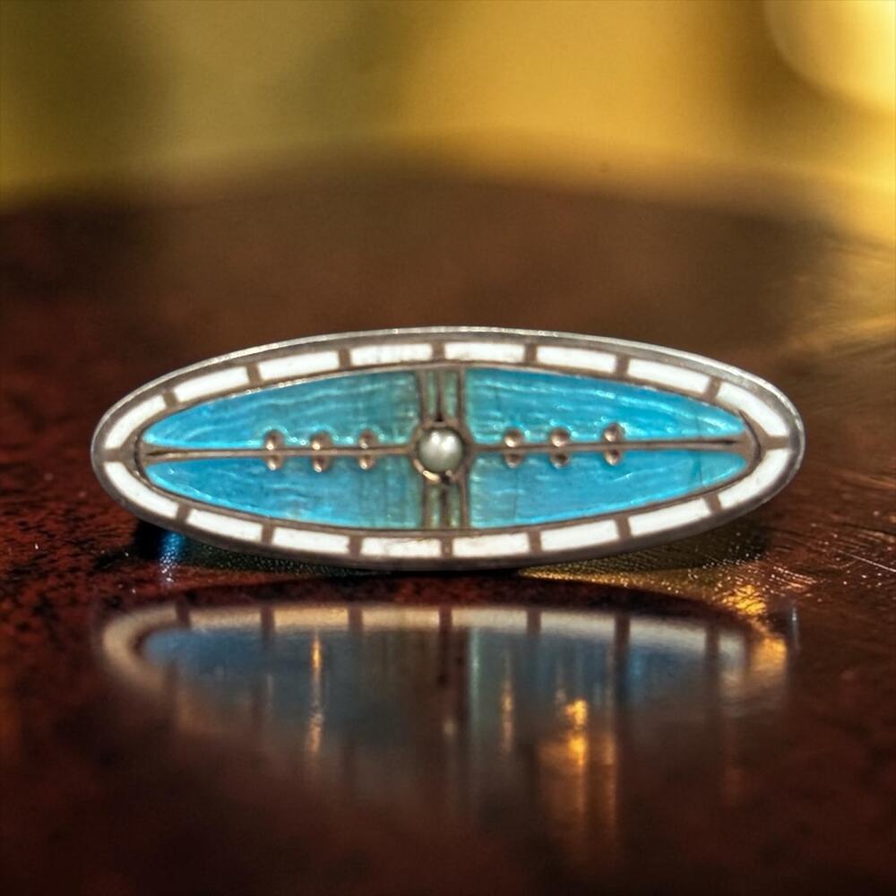 Antique Edwardian Enamel Brooch Turquoise Blue White Oval Bar Pin